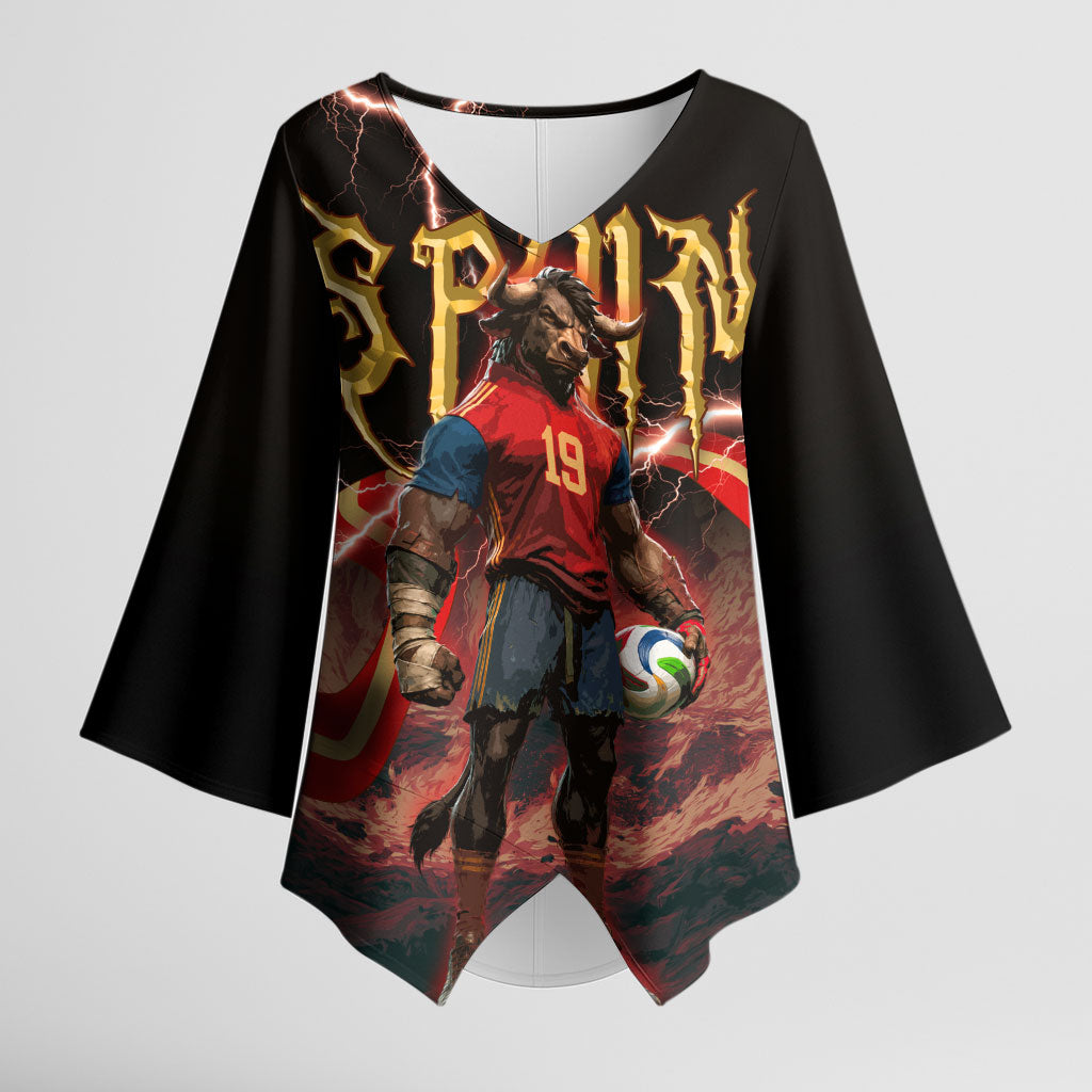 Spain Football Kimono Sleeve Blouse Spanish Pride Bull Mascot Gothic Metal Lightning Storm