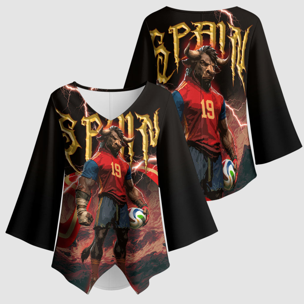 Spain Football Kimono Sleeve Blouse Spanish Pride Bull Mascot Gothic Metal Lightning Storm