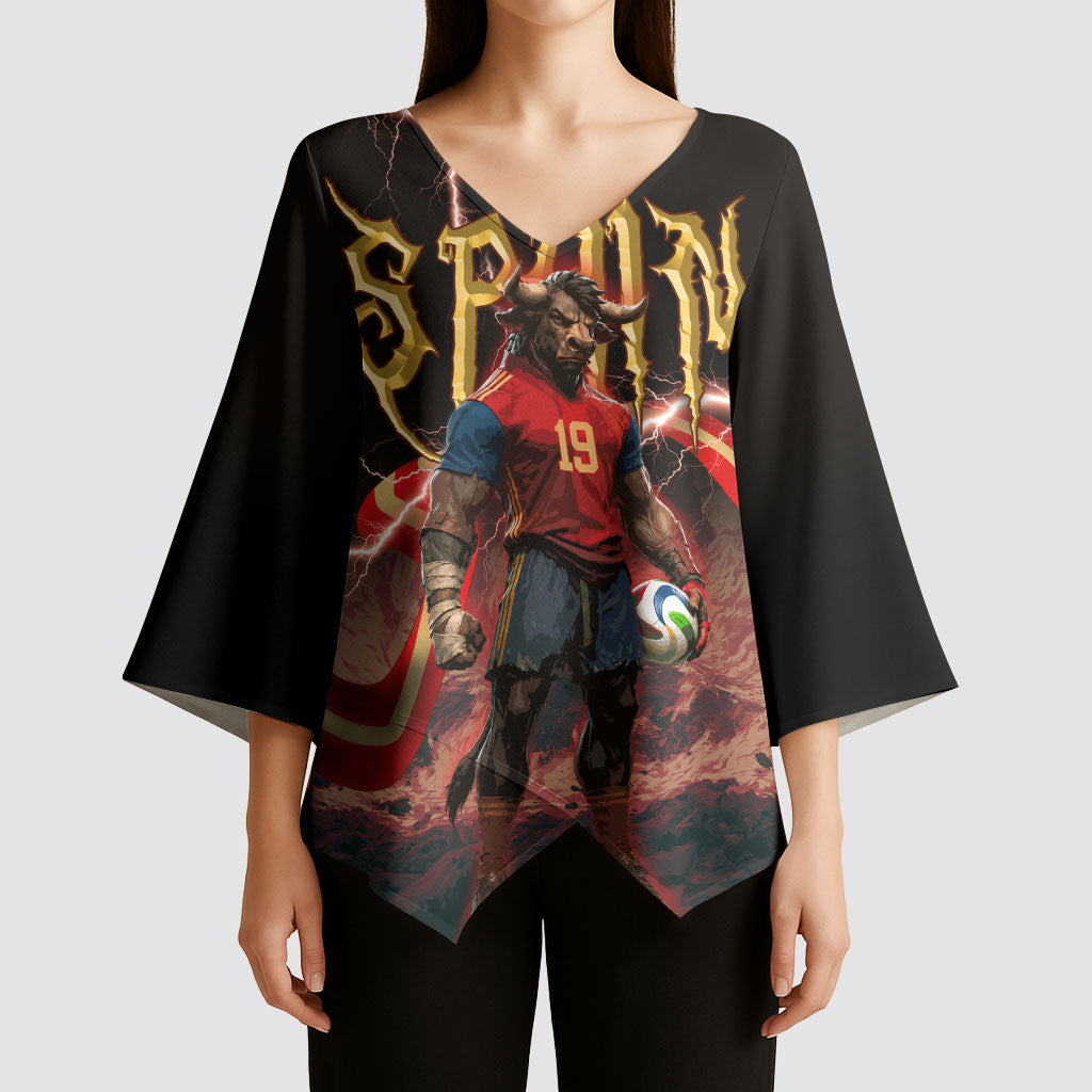 Spain Football Kimono Sleeve Blouse Spanish Pride Bull Mascot Gothic Metal Lightning Storm