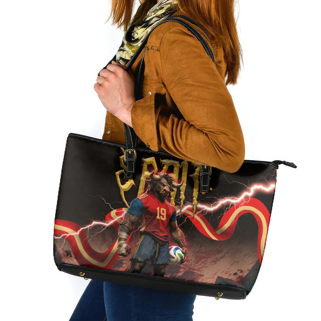 Spain Football Leather Tote Bag Spanish Pride Bull Mascot Gothic Metal Lightning Storm
