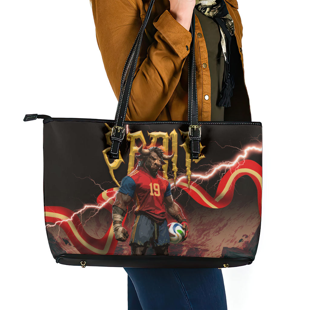 Spain Football Leather Tote Bag Spanish Pride Bull Mascot Gothic Metal Lightning Storm