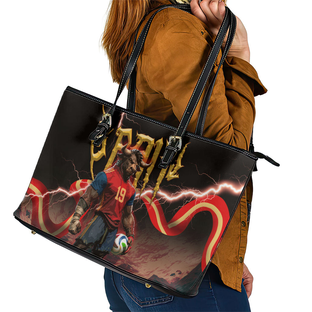 Spain Football Leather Tote Bag Spanish Pride Bull Mascot Gothic Metal Lightning Storm