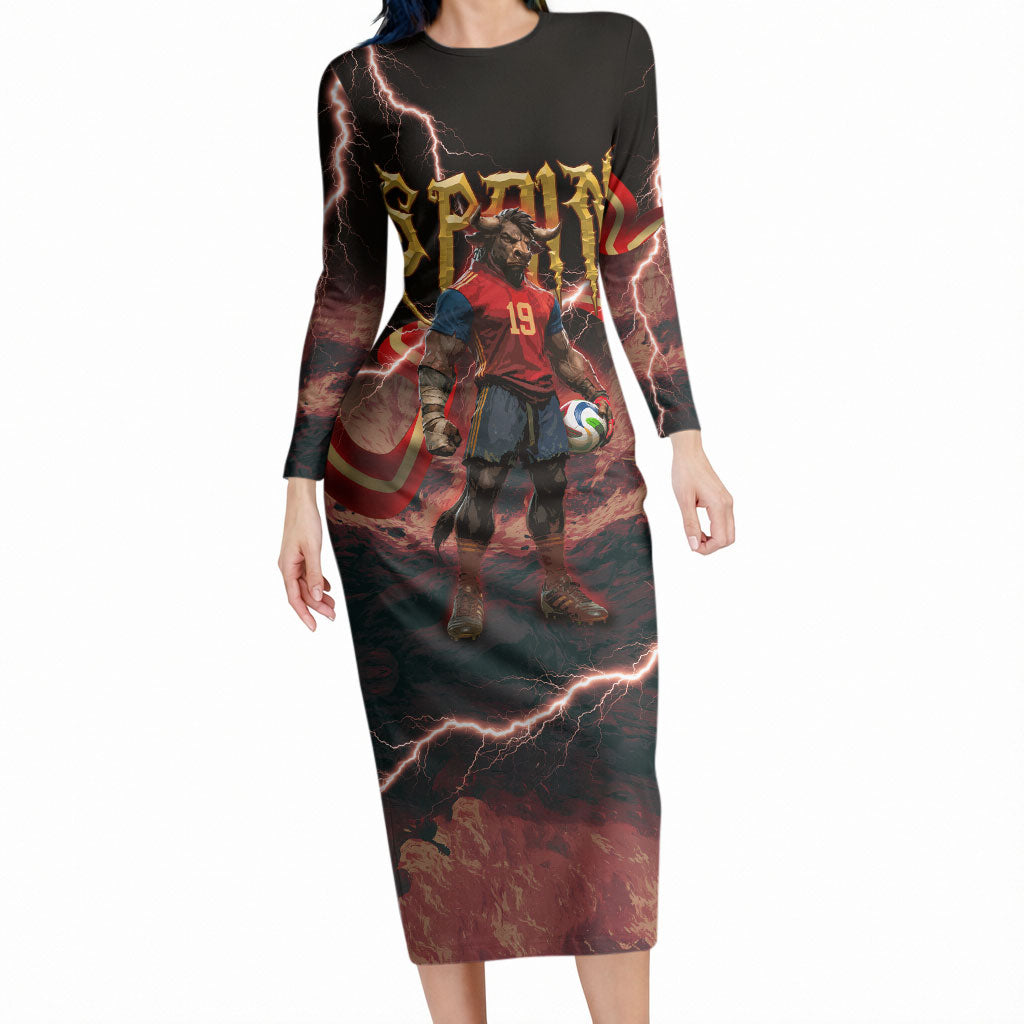 Spain Football Long Sleeve Bodycon Dress Spanish Pride Bull Mascot Gothic Metal Lightning Storm