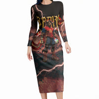 Spain Football Long Sleeve Bodycon Dress Spanish Pride Bull Mascot Gothic Metal Lightning Storm