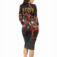Spain Football Long Sleeve Bodycon Dress Spanish Pride Bull Mascot Gothic Metal Lightning Storm
