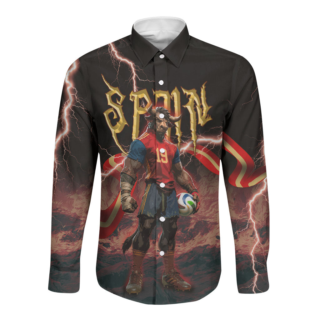 Spain Football Long Sleeve Button Shirt Spanish Pride Bull Mascot Gothic Metal Lightning Storm