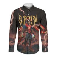 Spain Football Long Sleeve Button Shirt Spanish Pride Bull Mascot Gothic Metal Lightning Storm
