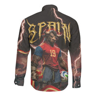 Spain Football Long Sleeve Button Shirt Spanish Pride Bull Mascot Gothic Metal Lightning Storm