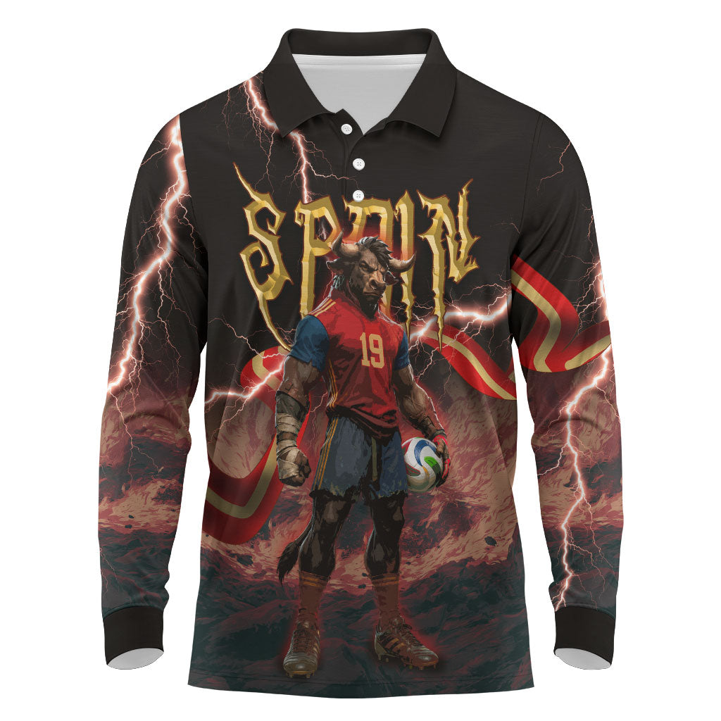 Spain Football Long Sleeve Polo Shirt Spanish Pride Bull Mascot Gothic Metal Lightning Storm