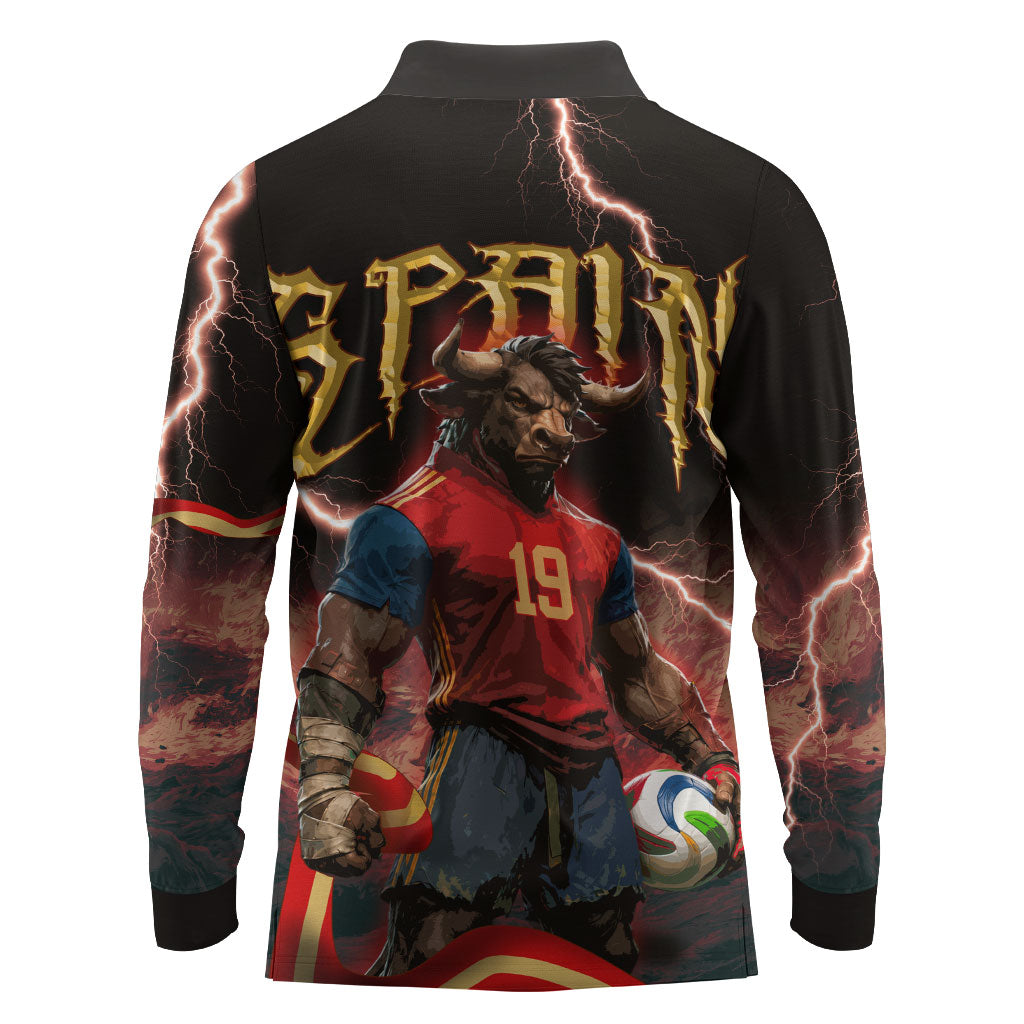 Spain Football Long Sleeve Polo Shirt Spanish Pride Bull Mascot Gothic Metal Lightning Storm