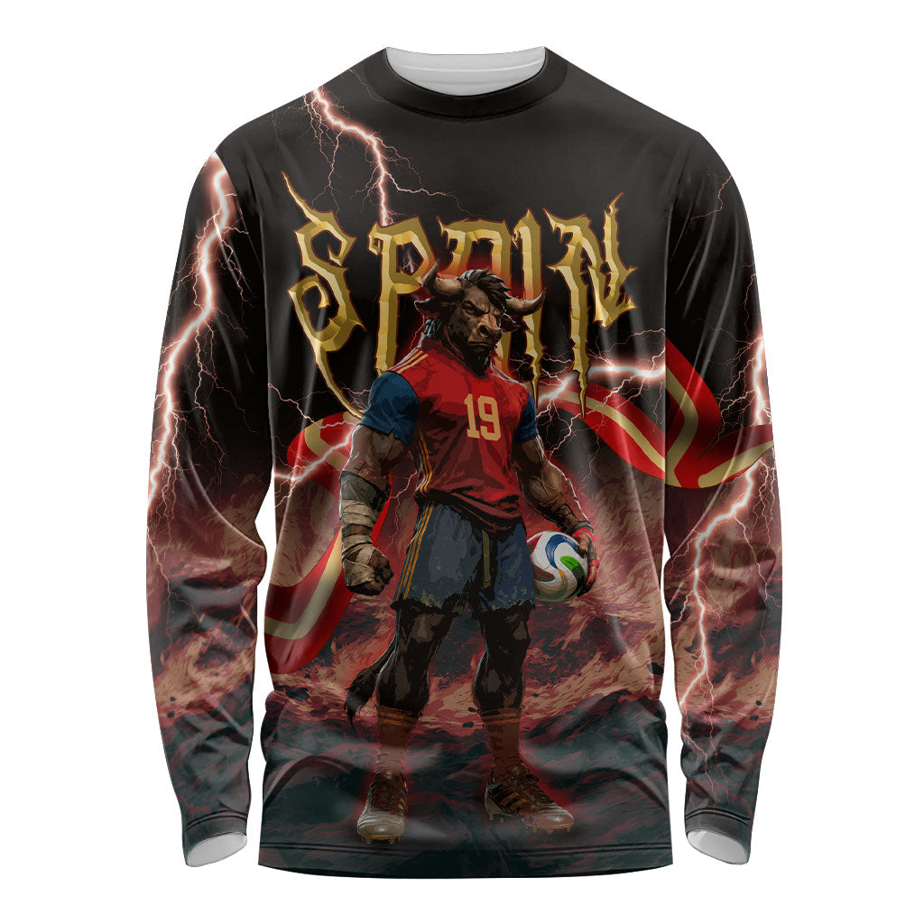 Spain Football Long Sleeve Shirt Spanish Pride Bull Mascot Gothic Metal Lightning Storm