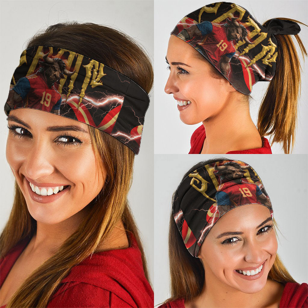 Spain Football Neck Gaiter Spanish Pride Bull Mascot Gothic Metal Lightning Storm
