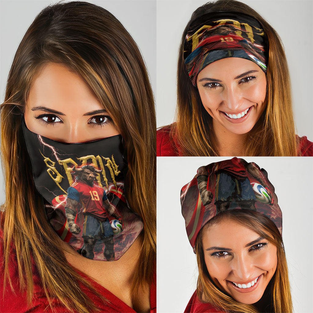 Spain Football Neck Gaiter Spanish Pride Bull Mascot Gothic Metal Lightning Storm