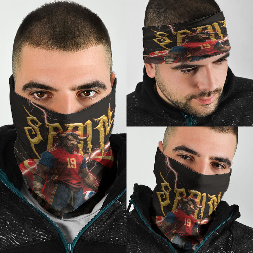 Spain Football Neck Gaiter Spanish Pride Bull Mascot Gothic Metal Lightning Storm
