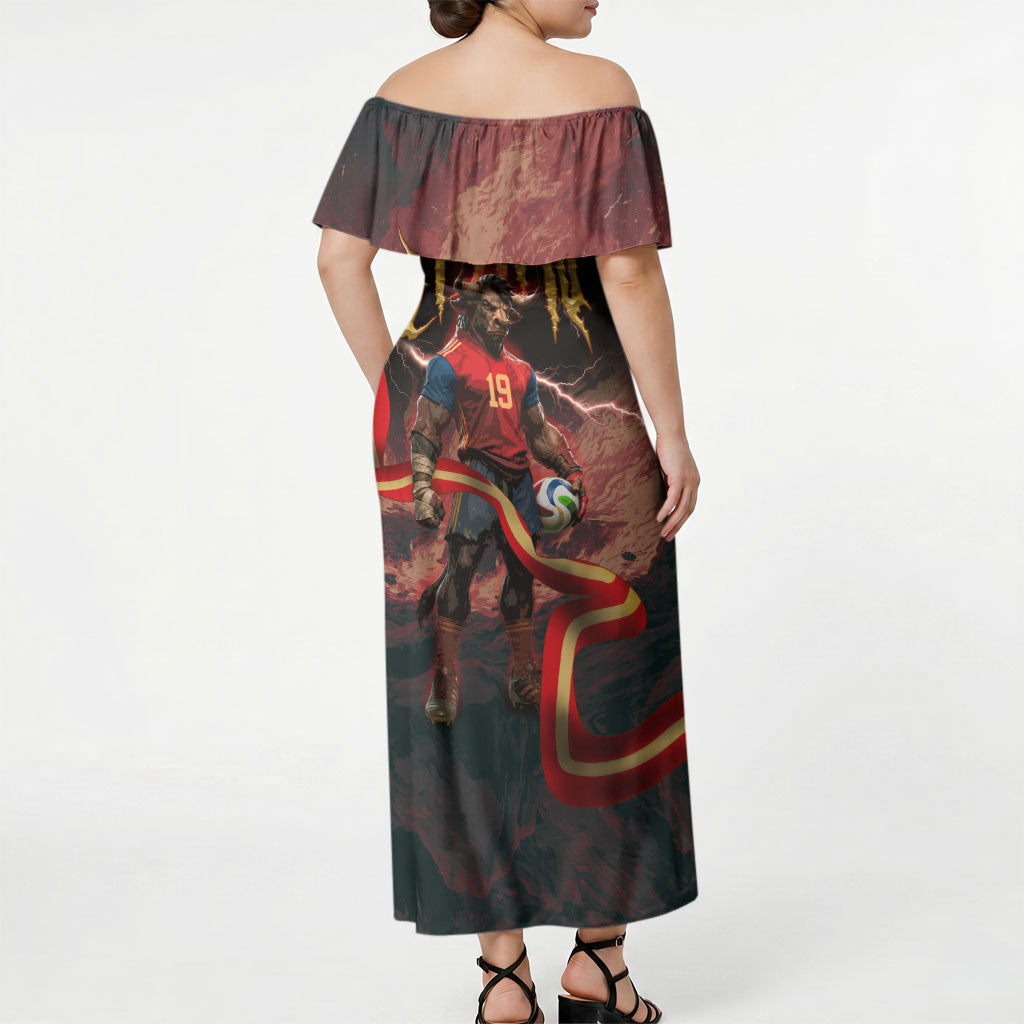 Spain Football Off Shoulder Maxi Dress Spanish Pride Bull Mascot Gothic Metal Lightning Storm