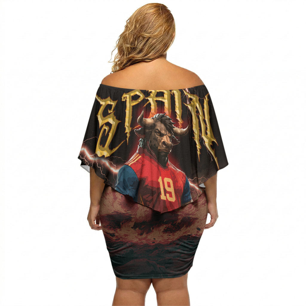 Spain Football Off Shoulder Short Dress Spanish Pride Bull Mascot Gothic Metal Lightning Storm