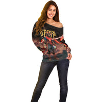 Spain Football Off Shoulder Sweater Spanish Pride Bull Mascot Gothic Metal Lightning Storm