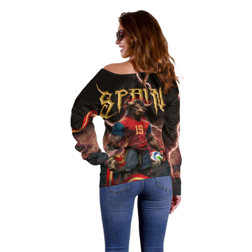 Spain Football Off Shoulder Sweater Spanish Pride Bull Mascot Gothic Metal Lightning Storm