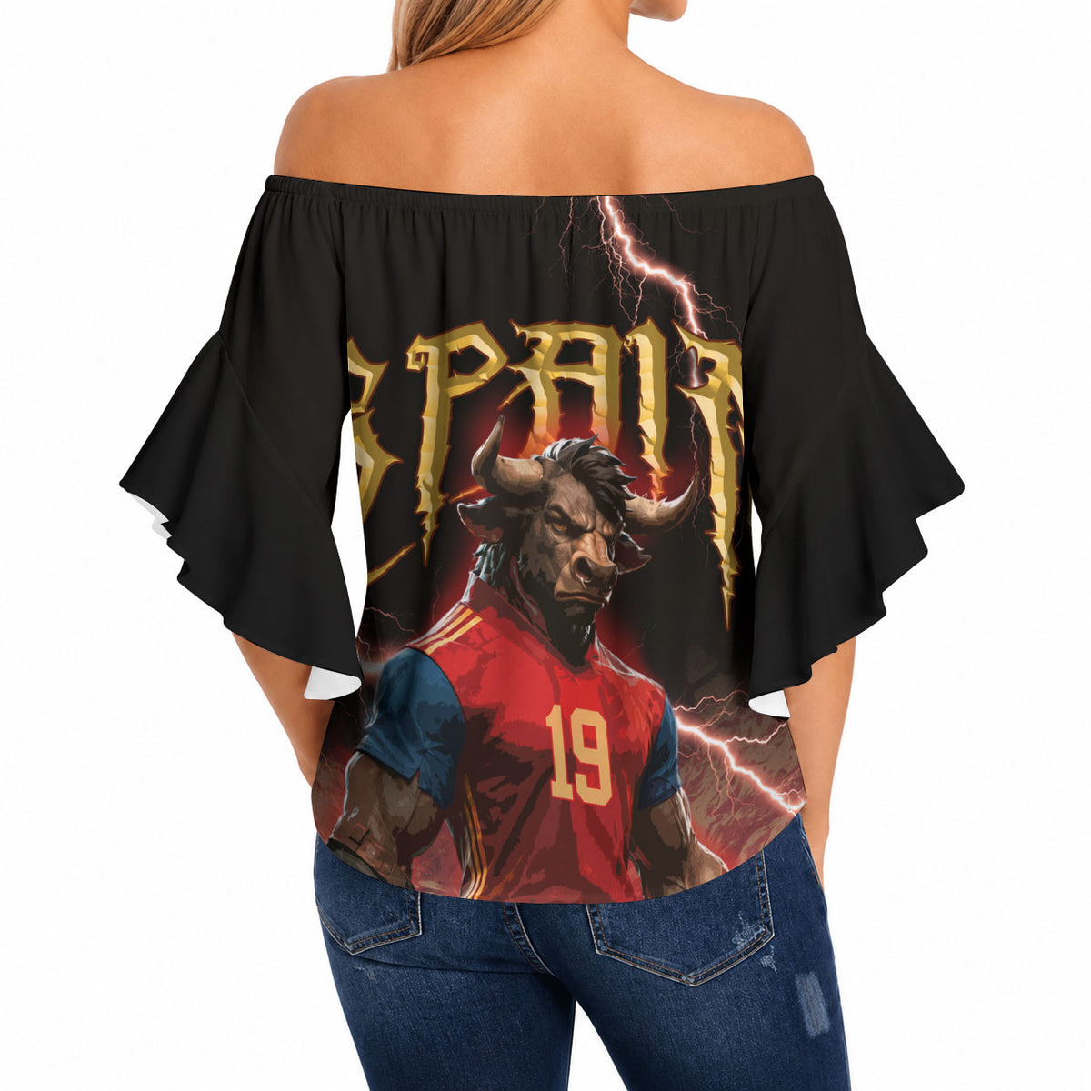 Spain Football Off Shoulder Wrap Waist Top Spanish Pride Bull Mascot Gothic Metal Lightning Storm