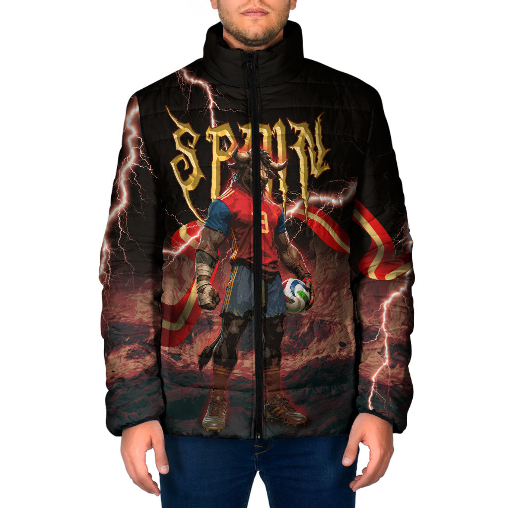Spain Football Padded Jacket Spanish Pride Bull Mascot Gothic Metal Lightning Storm