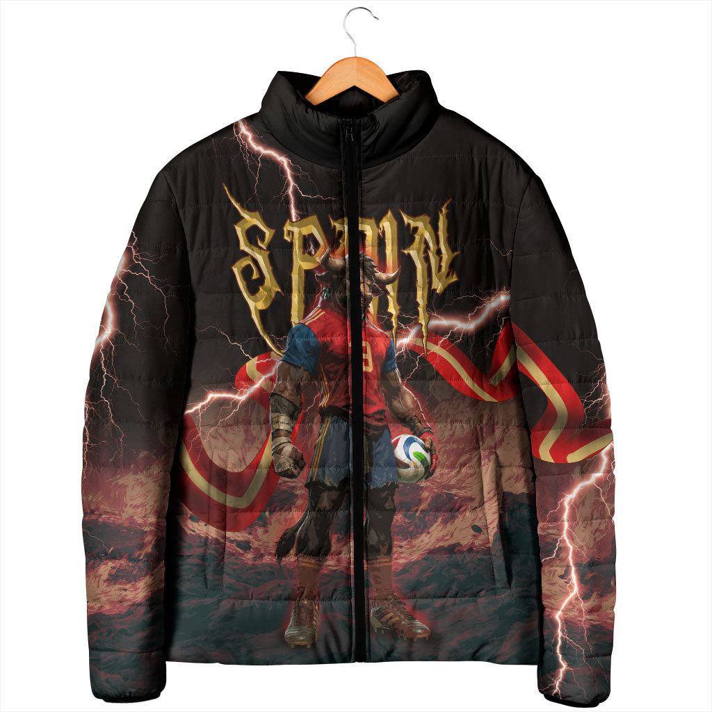 Spain Football Padded Jacket Spanish Pride Bull Mascot Gothic Metal Lightning Storm