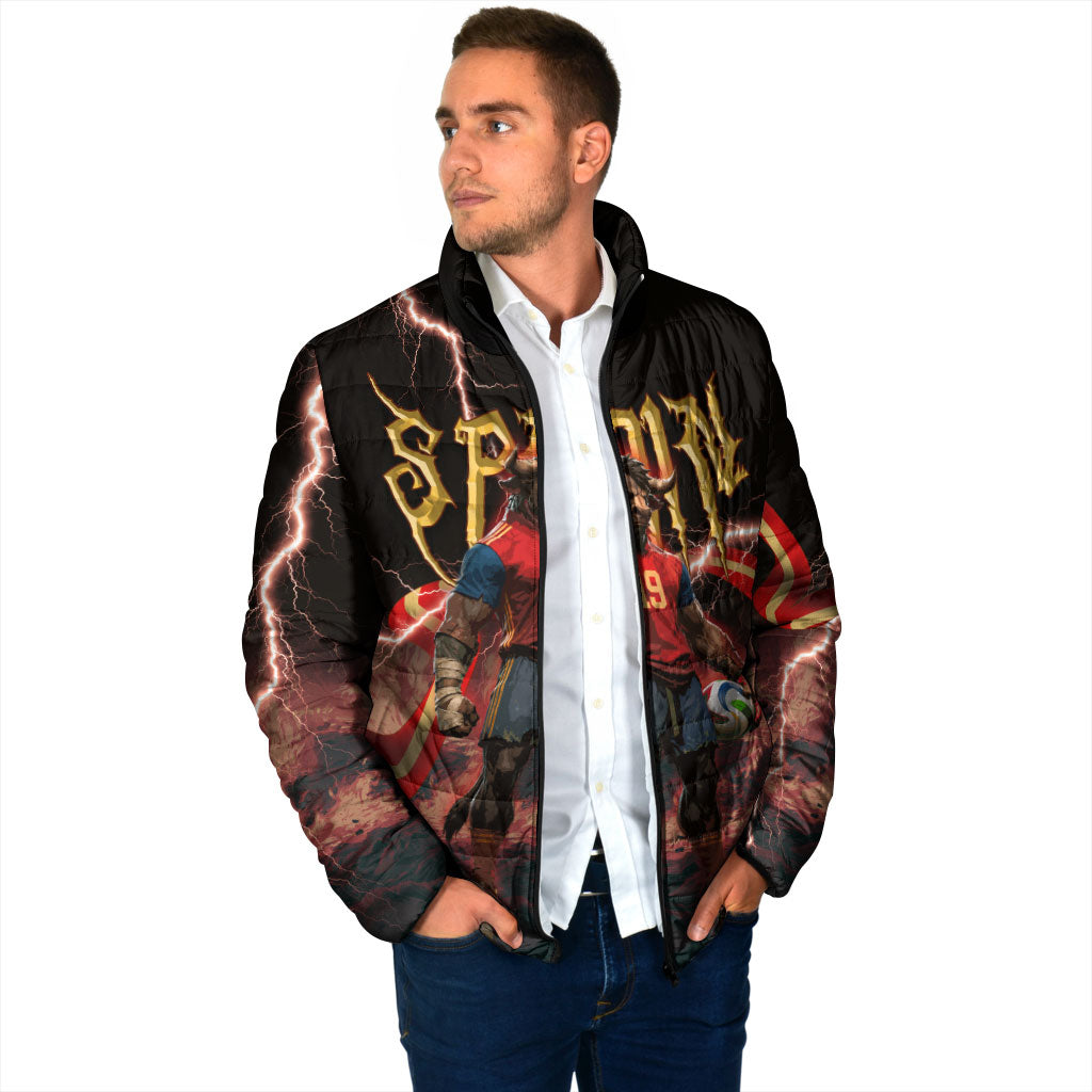 Spain Football Padded Jacket Spanish Pride Bull Mascot Gothic Metal Lightning Storm