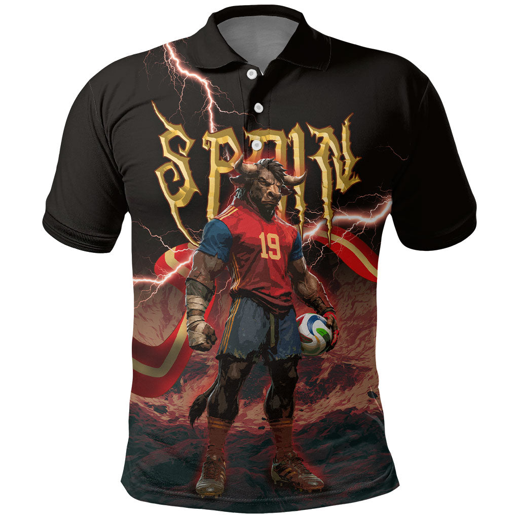 Spain Football Polo Shirt Spanish Pride Bull Mascot Gothic Metal Lightning Storm