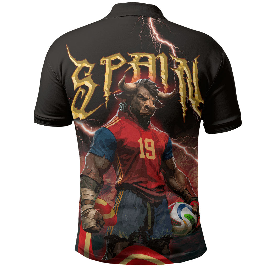 Spain Football Polo Shirt Spanish Pride Bull Mascot Gothic Metal Lightning Storm
