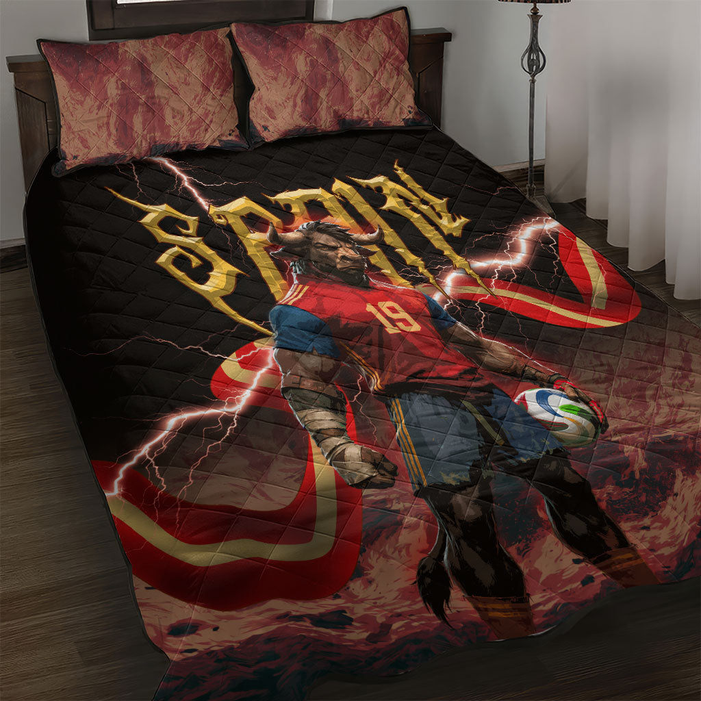 Spain Football Quilt Bed Set Spanish Pride Bull Mascot Gothic Metal Lightning Storm