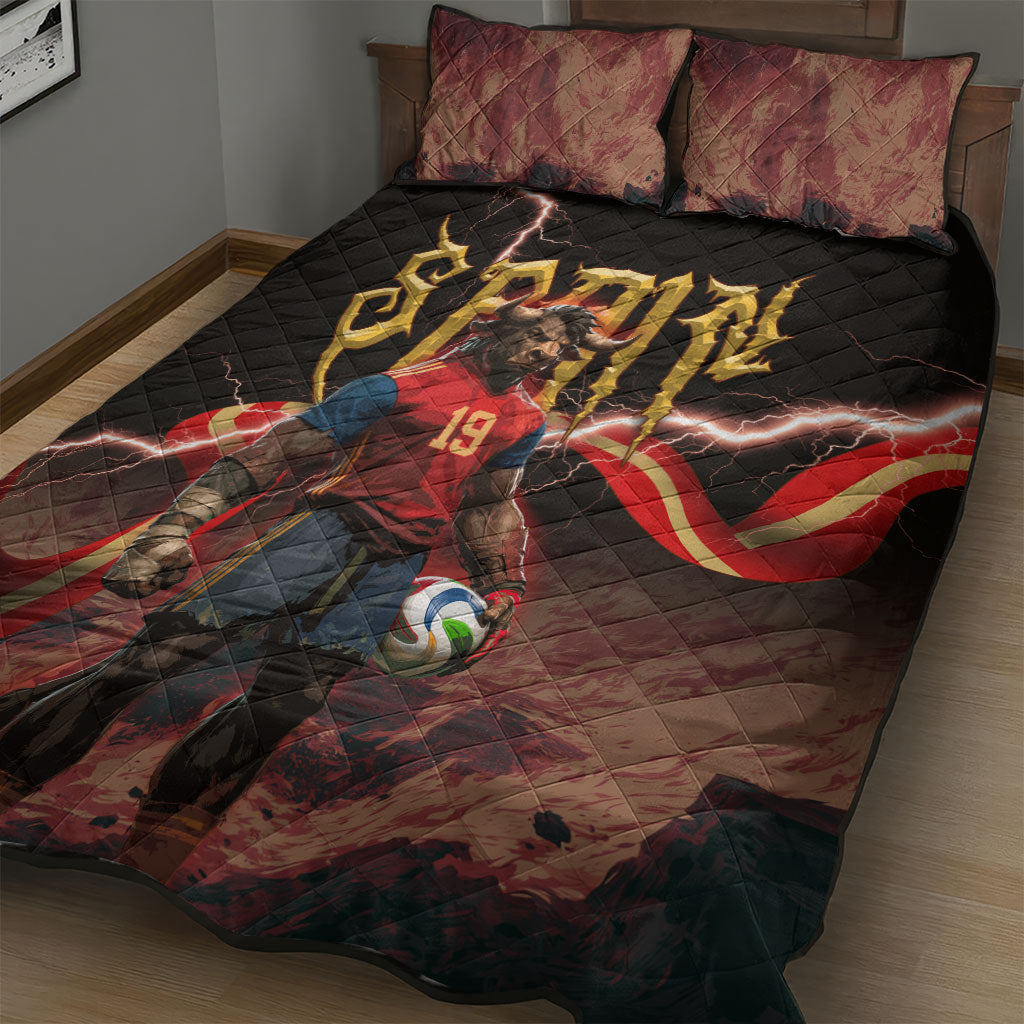 Spain Football Quilt Bed Set Spanish Pride Bull Mascot Gothic Metal Lightning Storm