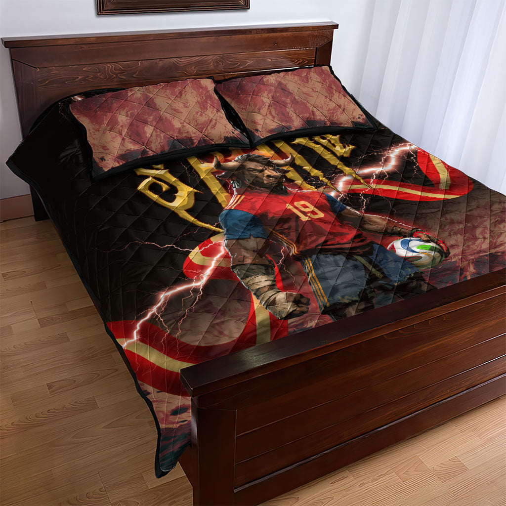 Spain Football Quilt Bed Set Spanish Pride Bull Mascot Gothic Metal Lightning Storm