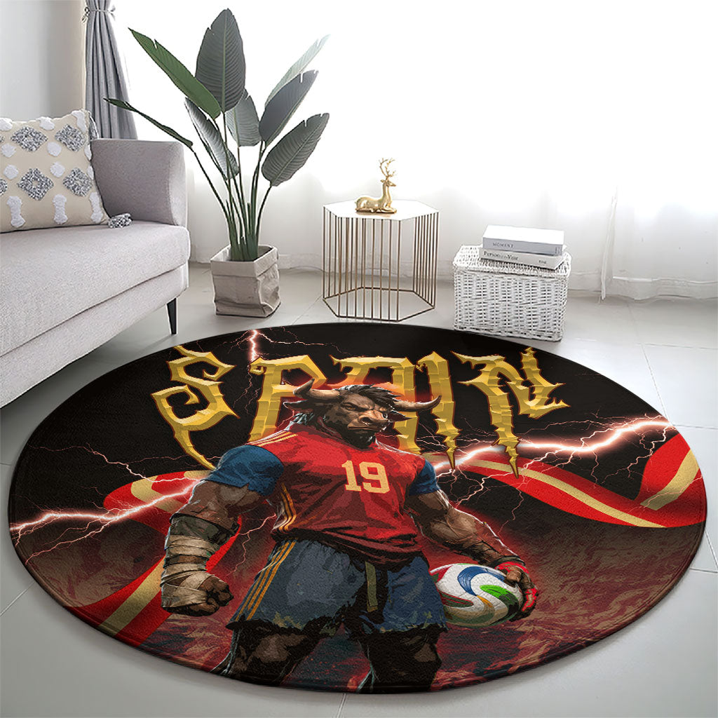 Spain Football Round Carpet Spanish Pride Bull Mascot Gothic Metal Lightning Storm