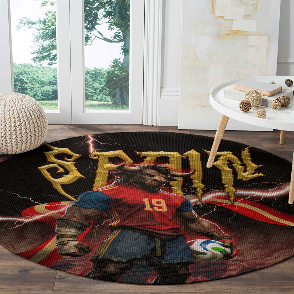 Spain Football Round Carpet Spanish Pride Bull Mascot Gothic Metal Lightning Storm
