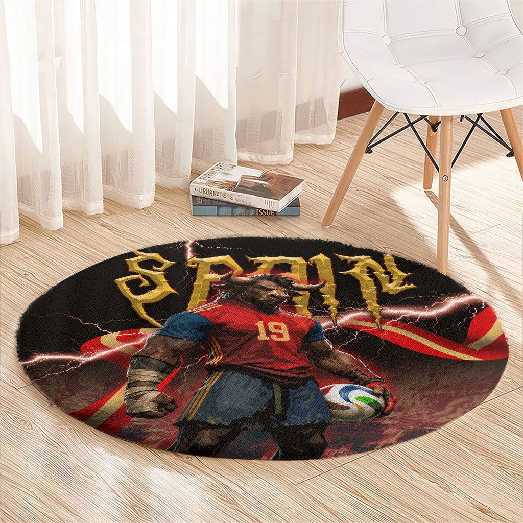 Spain Football Round Carpet Spanish Pride Bull Mascot Gothic Metal Lightning Storm