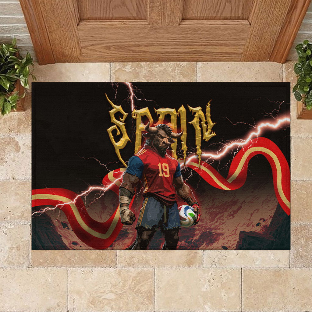 Spain Football Rubber Doormat Spanish Pride Bull Mascot Gothic Metal Lightning Storm