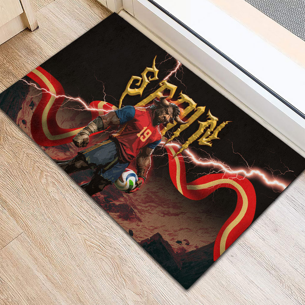Spain Football Rubber Doormat Spanish Pride Bull Mascot Gothic Metal Lightning Storm