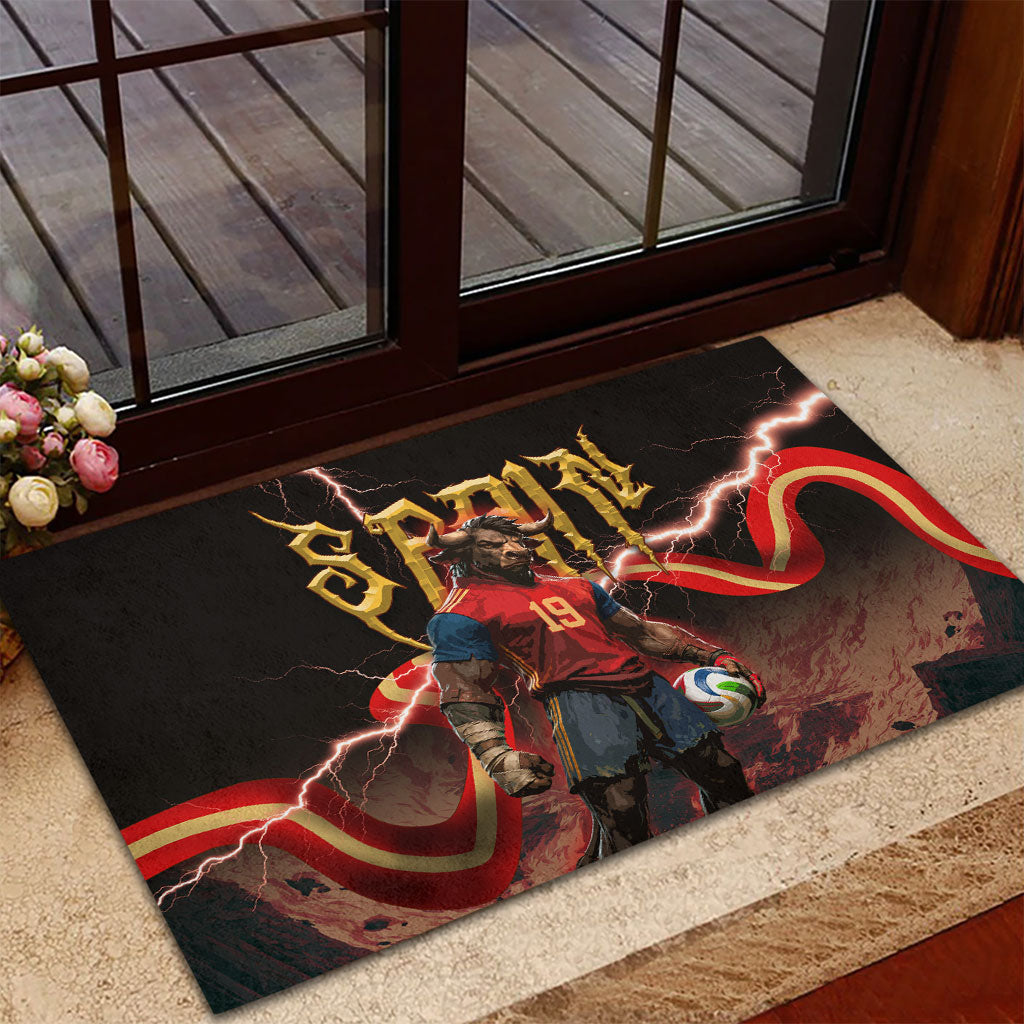 Spain Football Rubber Doormat Spanish Pride Bull Mascot Gothic Metal Lightning Storm