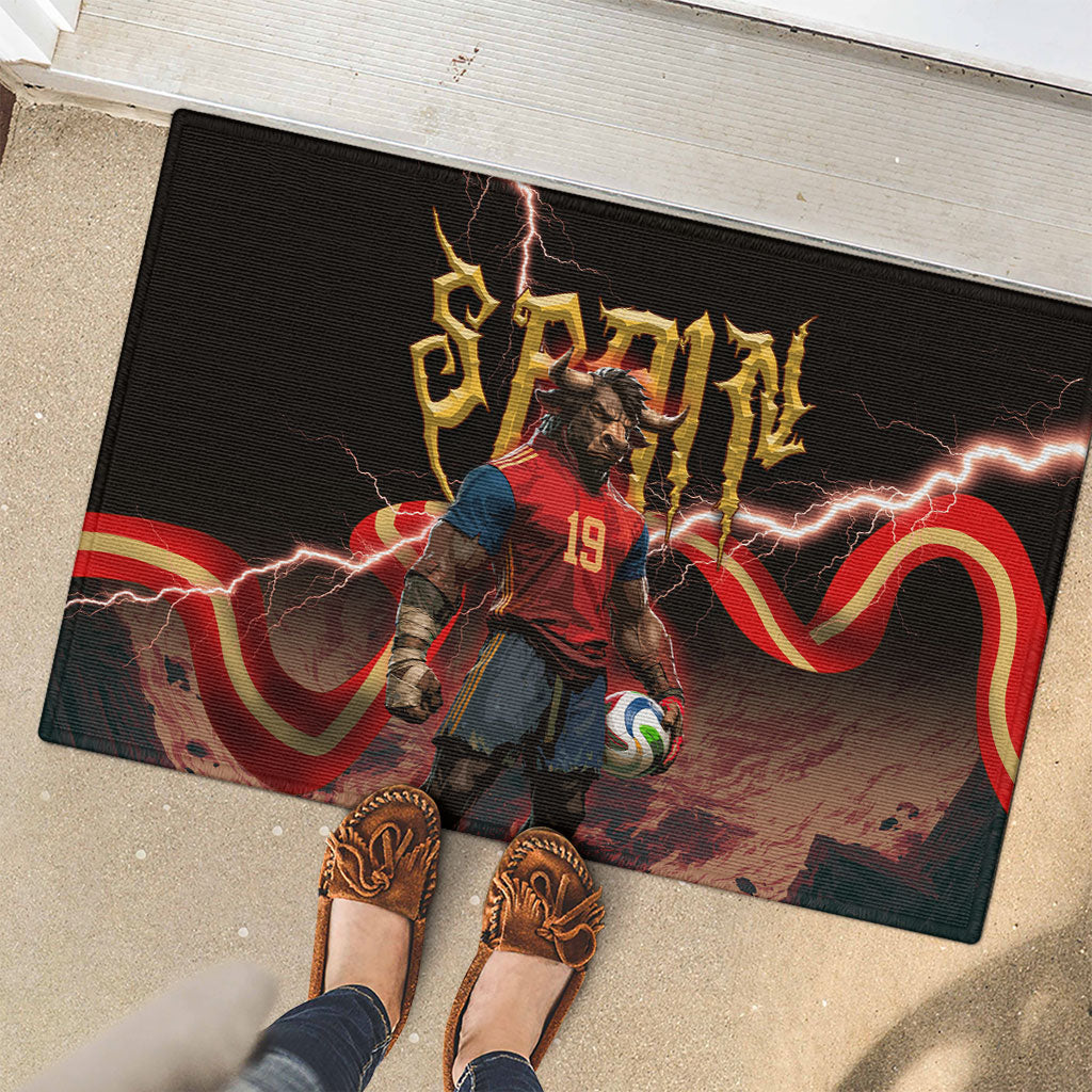 Spain Football Rubber Doormat Spanish Pride Bull Mascot Gothic Metal Lightning Storm