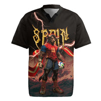 Spain Football Rugby Jersey Spanish Pride Bull Mascot Gothic Metal Lightning Storm