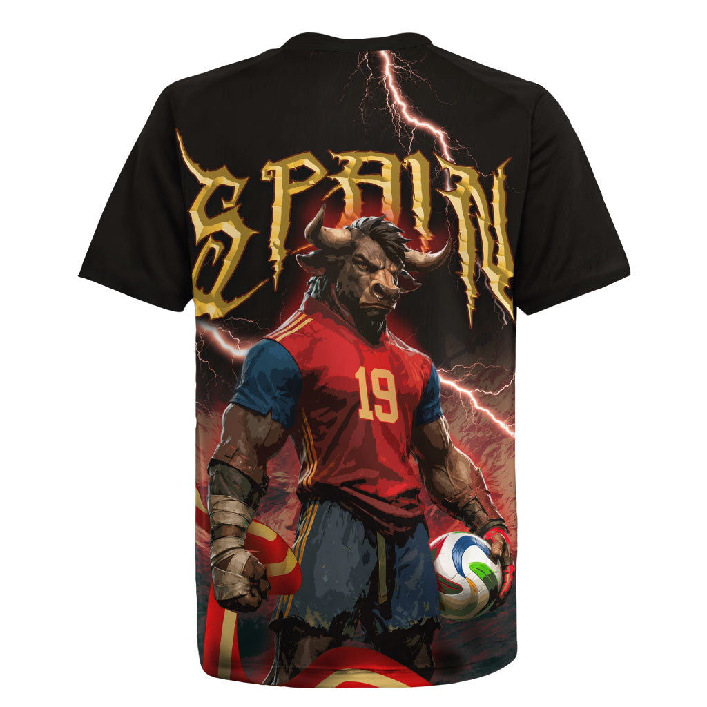 Spain Football Rugby Jersey Spanish Pride Bull Mascot Gothic Metal Lightning Storm
