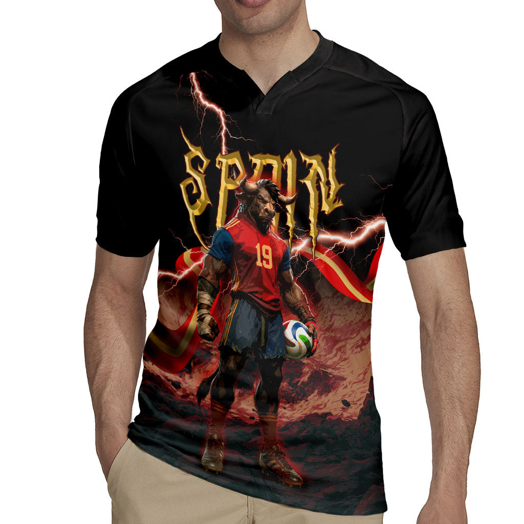Spain Football Rugby Jersey Spanish Pride Bull Mascot Gothic Metal Lightning Storm