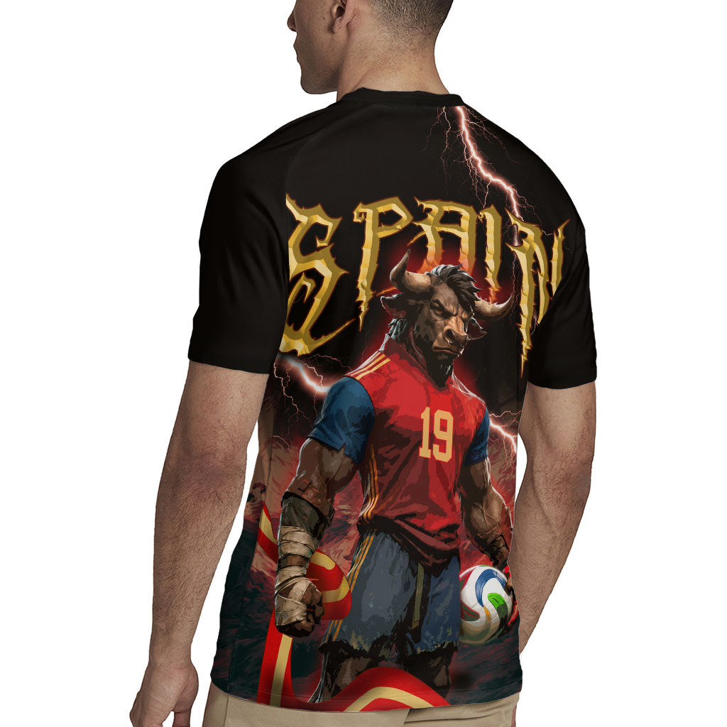 Spain Football Rugby Jersey Spanish Pride Bull Mascot Gothic Metal Lightning Storm