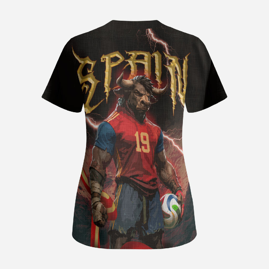 Spain Football Scrub Top Spanish Pride Bull Mascot Gothic Metal Lightning Storm