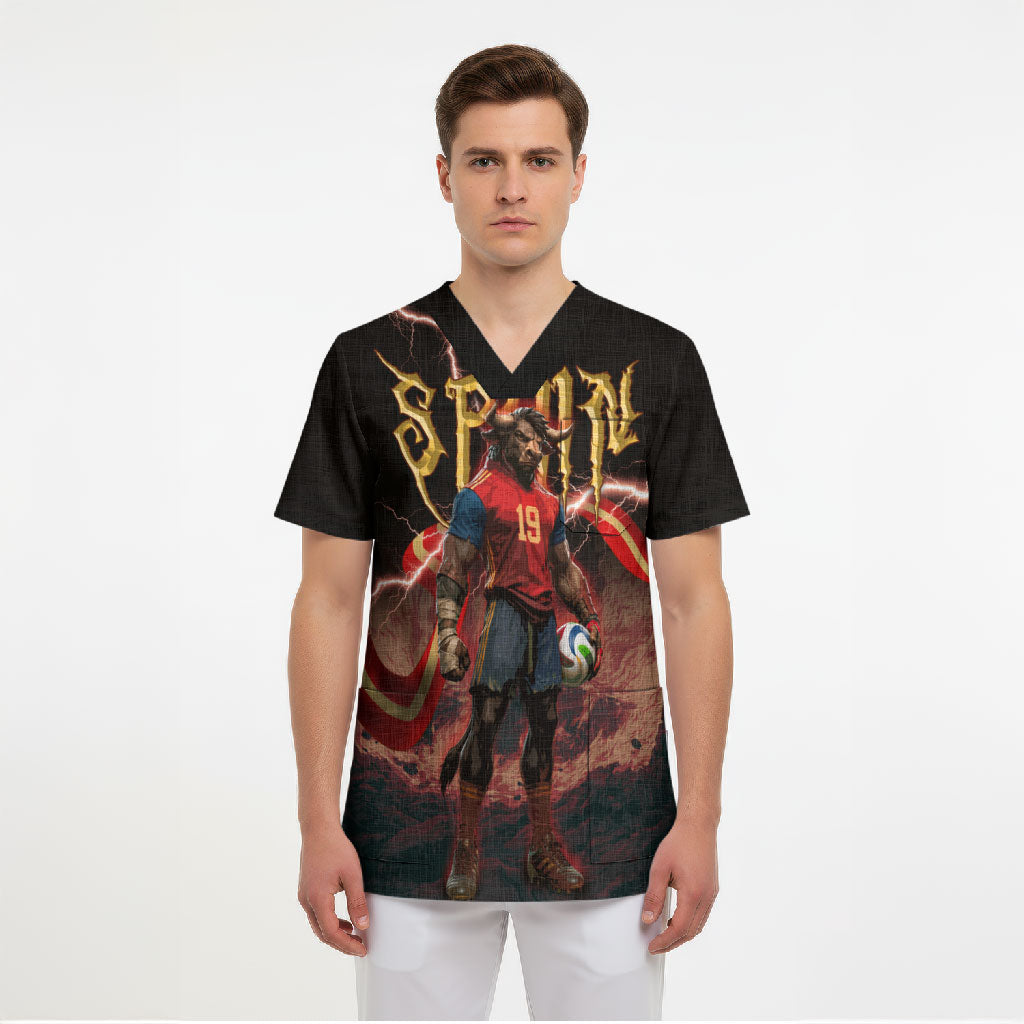 Spain Football Scrub Top Spanish Pride Bull Mascot Gothic Metal Lightning Storm