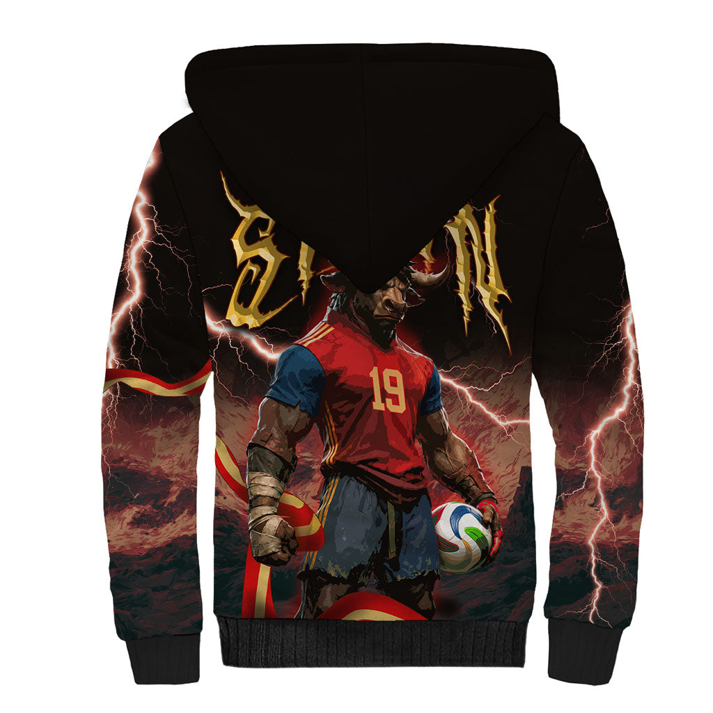 Spain Football Sherpa Hoodie Spanish Pride Bull Mascot Gothic Metal Lightning Storm