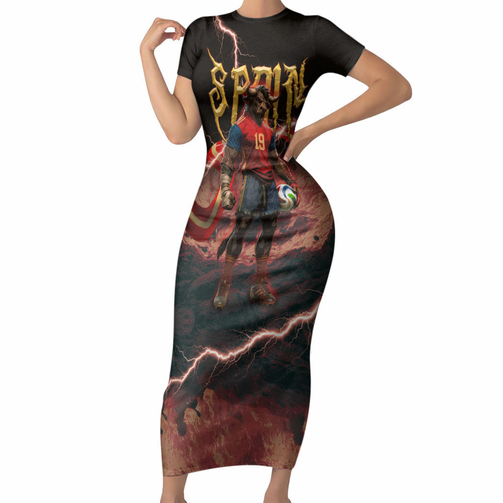 Spain Football Short Sleeve Bodycon Dress Spanish Pride Bull Mascot Gothic Metal Lightning Storm