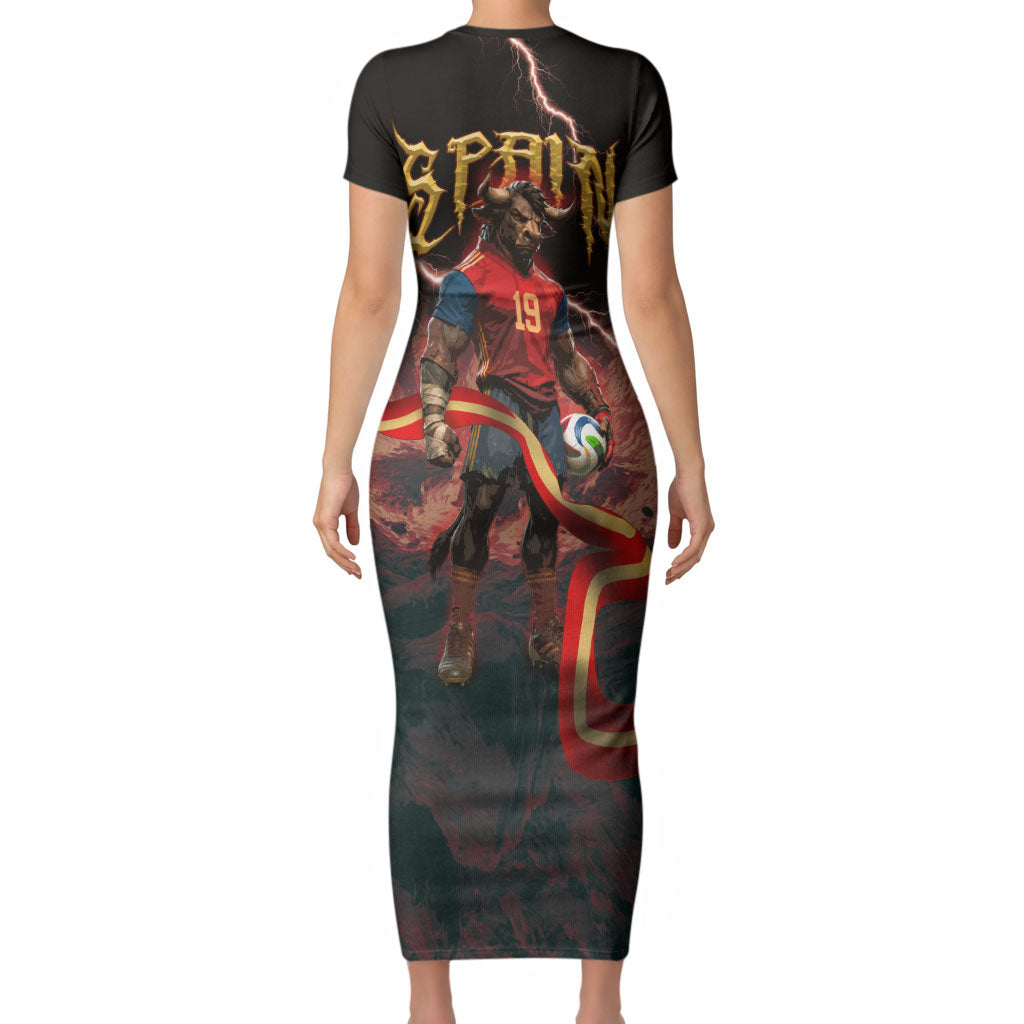 Spain Football Short Sleeve Bodycon Dress Spanish Pride Bull Mascot Gothic Metal Lightning Storm