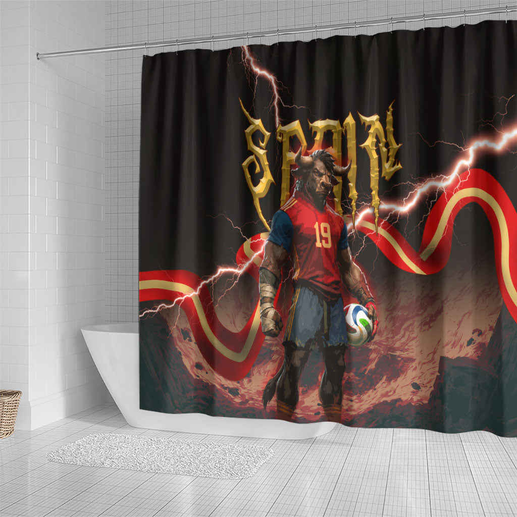 Spain Football Shower Curtain Spanish Pride Bull Mascot Gothic Metal Lightning Storm