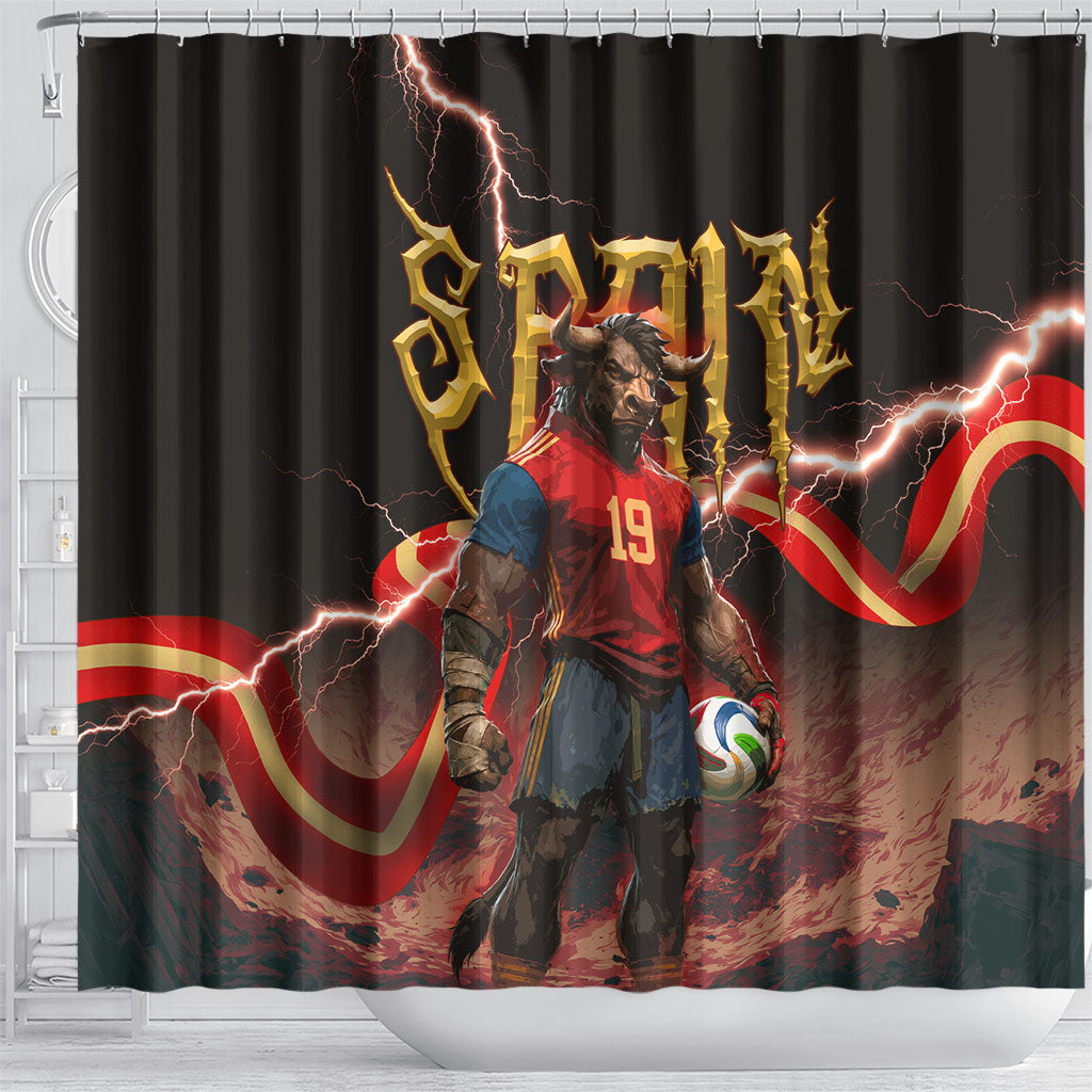 Spain Football Shower Curtain Spanish Pride Bull Mascot Gothic Metal Lightning Storm