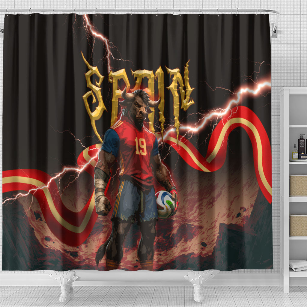 Spain Football Shower Curtain Spanish Pride Bull Mascot Gothic Metal Lightning Storm